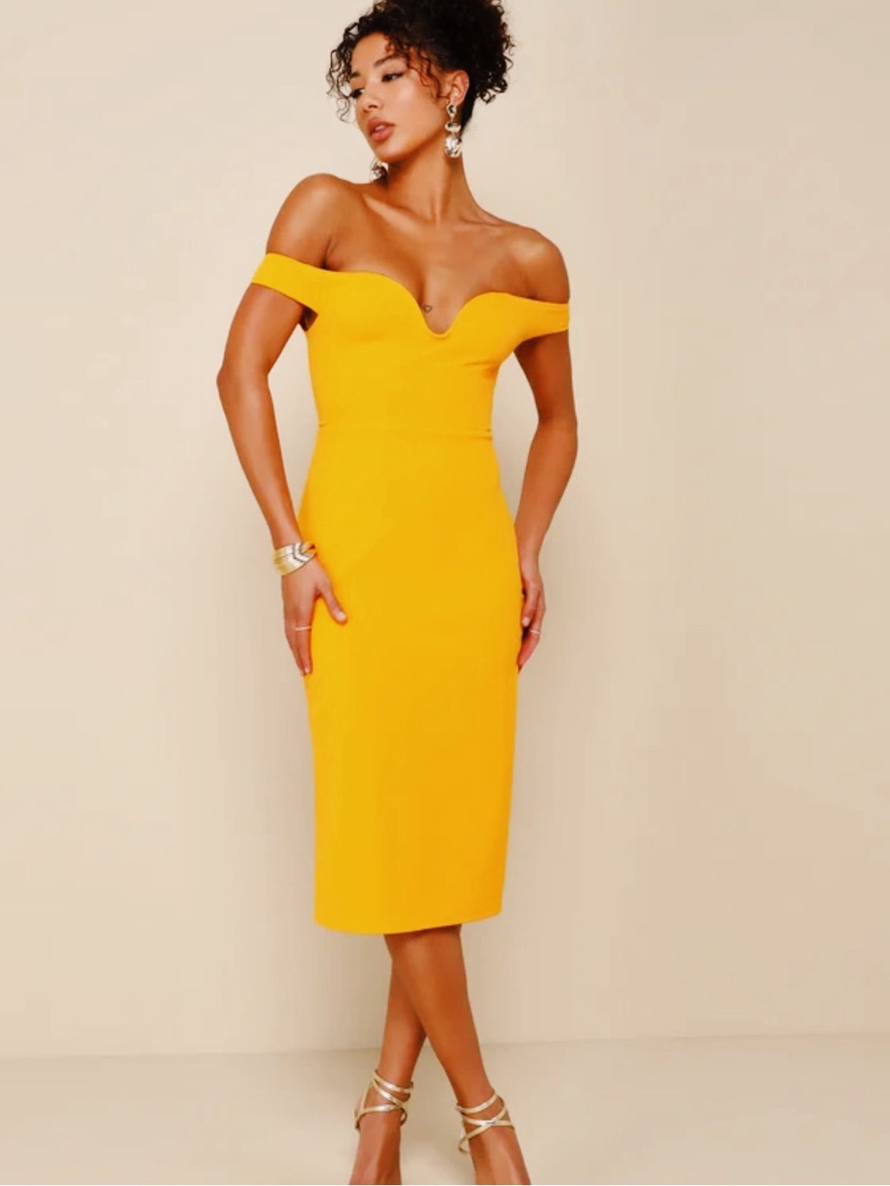 Lulus Soiree Favorite Golden Yellow Off-the-Shoulder Midi Dress NWT XS